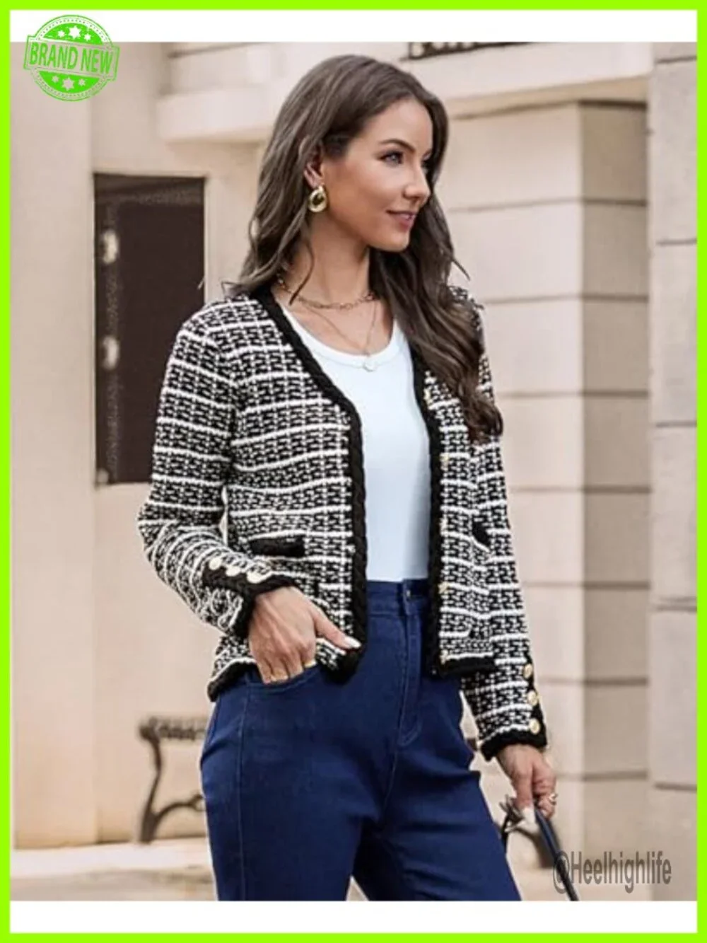 Tweed Pattern V Neck Cardigan Sweater Blazer with Pockets